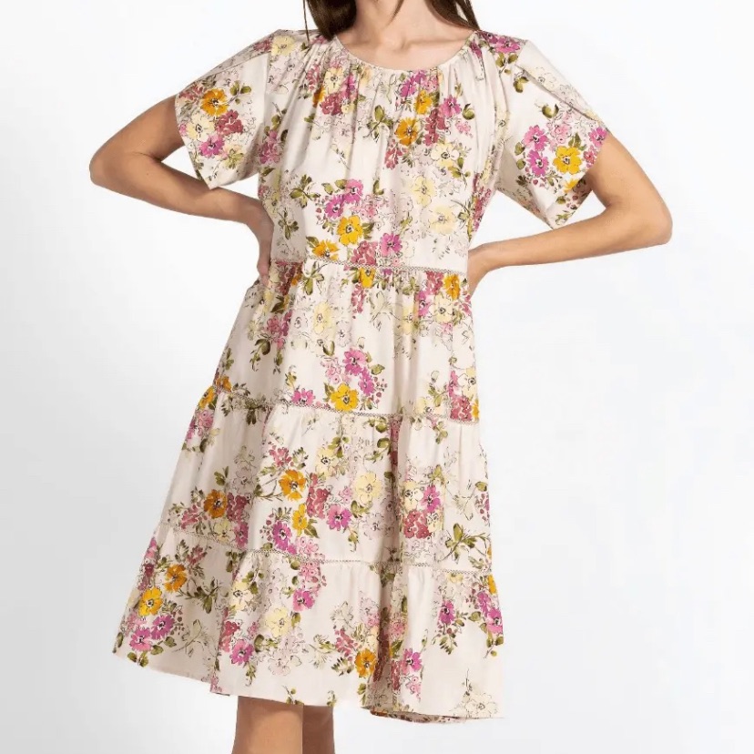 Johnny Was Magnolia Tiered Floral Short Sleeve Mini Dress Medium L35223-1